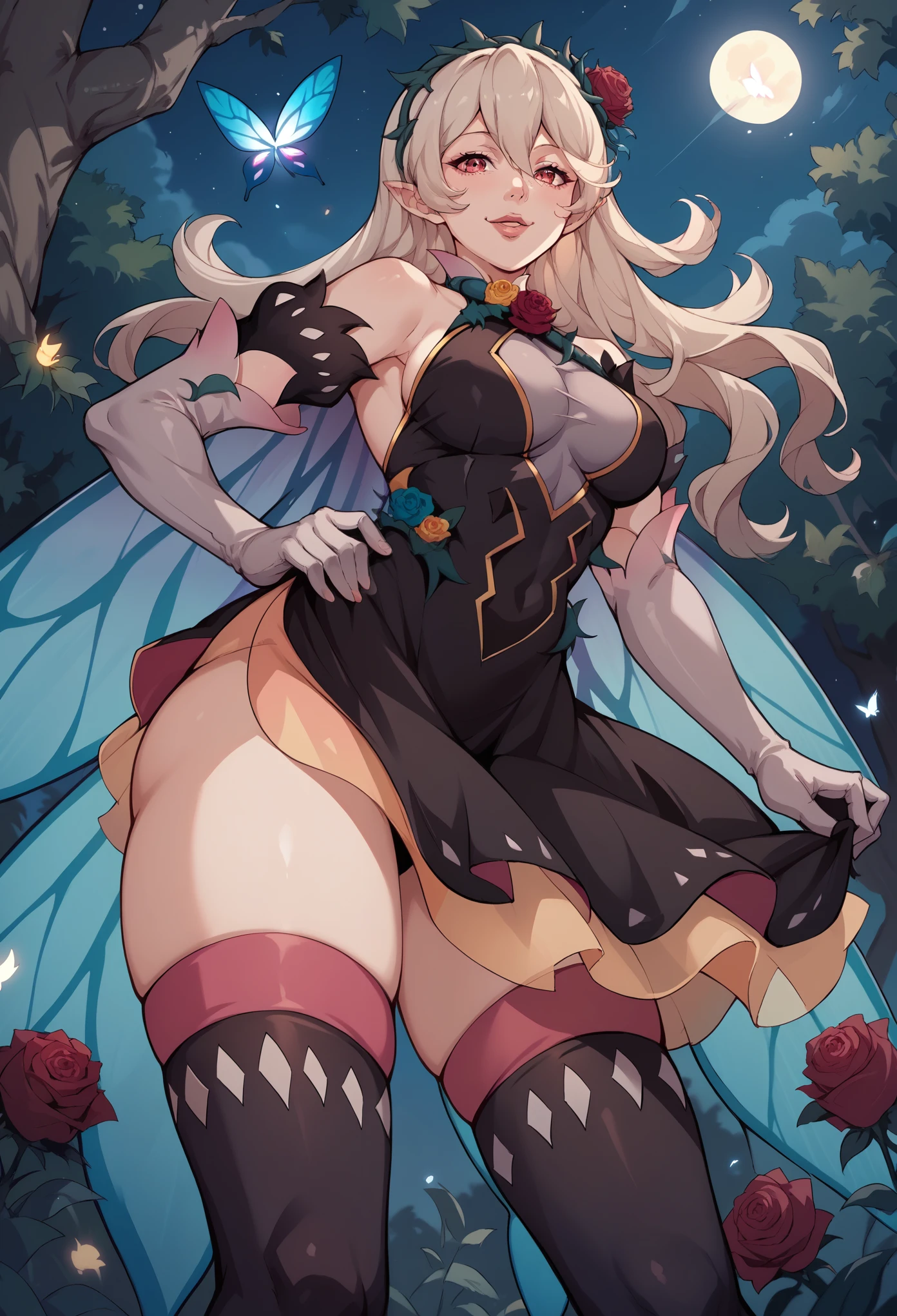 score_9, score_8_up, score_7_up, score_6_up, source_anime, BREAK 1girl,from below,seductive smile, respCor, hair ornament, rose, black dress, bare shoulders, elbow gloves, fairy wings, black thighhighs, night sky, medium breasts, forest, night, dark, chestnut mouth