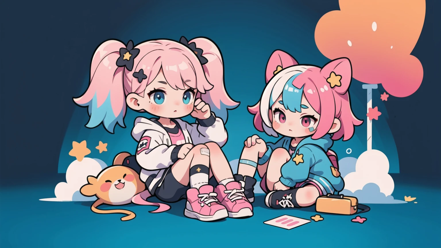 masterpiece, best quality, 8k, cinematic light, ultra high res, chibi, 1girl, bag, backpack, solo, multicolored hair, shorts, star \, (symbol\), blue hair, hood, sitting, pink hair, star hair ornament, head rest, socks, pink footwear, black shorts, hair ornament, full body, boots, bandaid, gradient, twintails, jacket,
