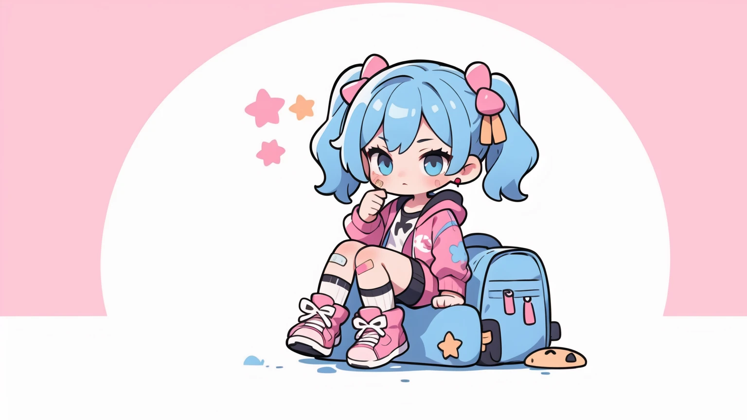 masterpiece, best quality, 8k, cinematic light, ultra high res, chibi, 1girl, bag, backpack, solo, multicolored hair, shorts, star \, (symbol\), blue hair, hood, sitting, pink hair, star hair ornament, head rest, socks, pink footwear, black shorts, hair ornament, full body, boots, bandaid, gradient, twintails, jacket,