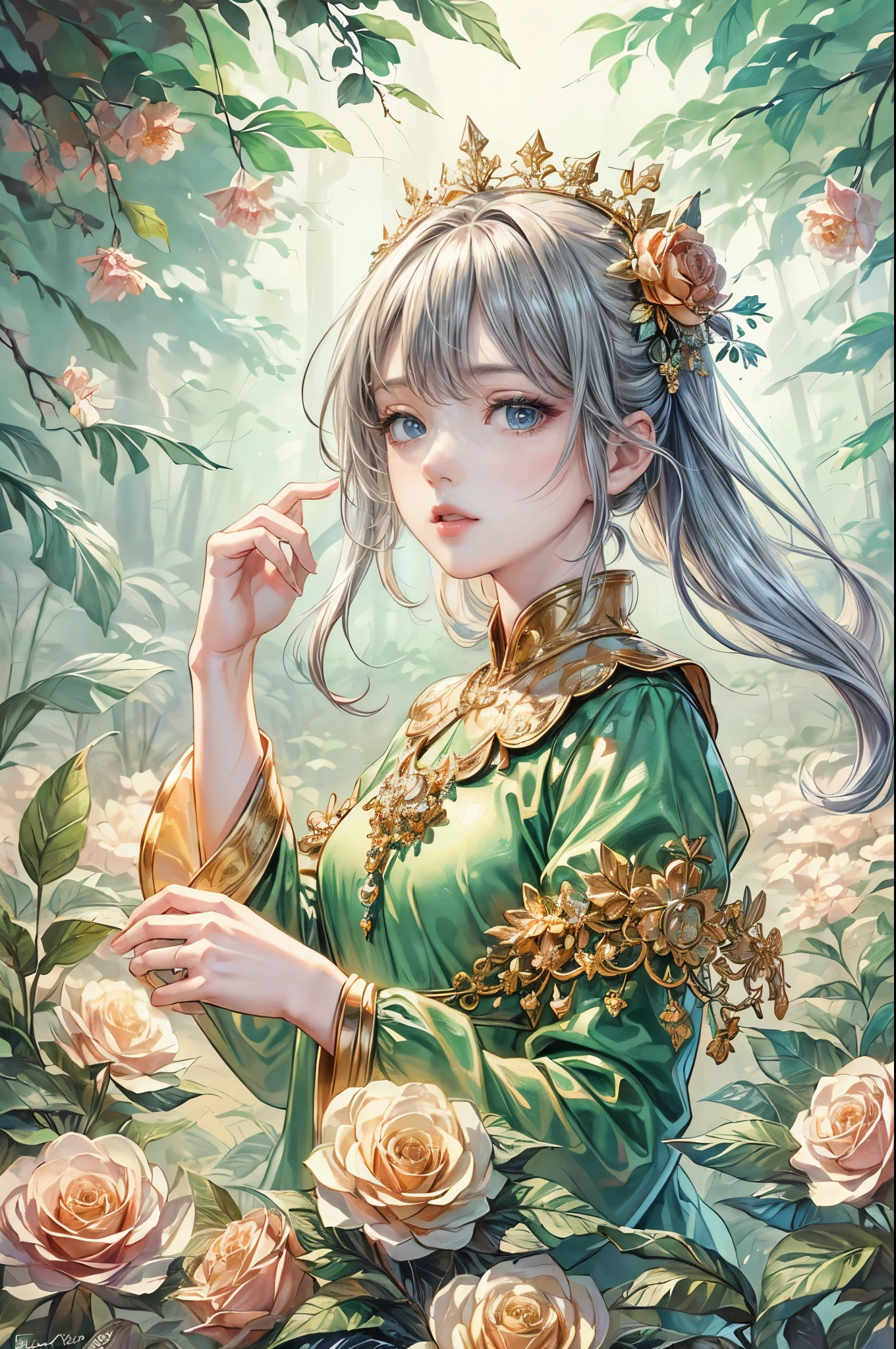 (best quality,8K,CG,Detailed upper body,,girl,Flower Dress,Forest background,expressive facial features,elegant long hair,Almond eyes,Exquisite eye makeup,Long fluttering eyelashes,Blinking eyes widely,Twinkling Stars,Intricate lip details,Pastel style)