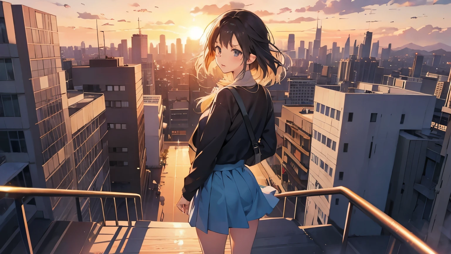 A city lit by the setting sun、Standing woman in mini skirt、Anime illustration、painful