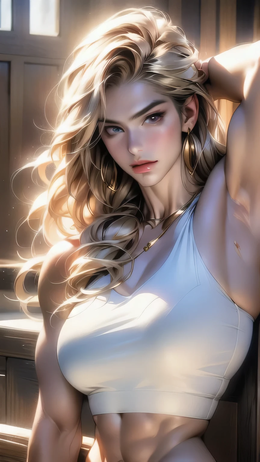 (最high quality, 4K), Beautiful woman, Ultra-realistic, 1 girl, (Huge breasts, Attractive body: 1.2), (Abdominal muscles: 1.1), Dark blonde hair, Ultra detailed Face, detailed Lips, detailed Eyes, detailed, Armpit hair, double eyelid, Sensual white and gold bikini style, Open neckline, Side pose, Visible curves, Golden robe, Hairy armpits, Long Hair, Big arms, Big biceps, Realistic armpit hair, oiled body, Sexy pose, bodybuilder, masterpiece, 最high quality, high quality, High resolution, 