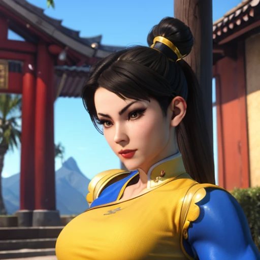 Chun Li  labios rojos  cuerpo firme senos perfectos traje iconico de Chun Li pose de wingchun