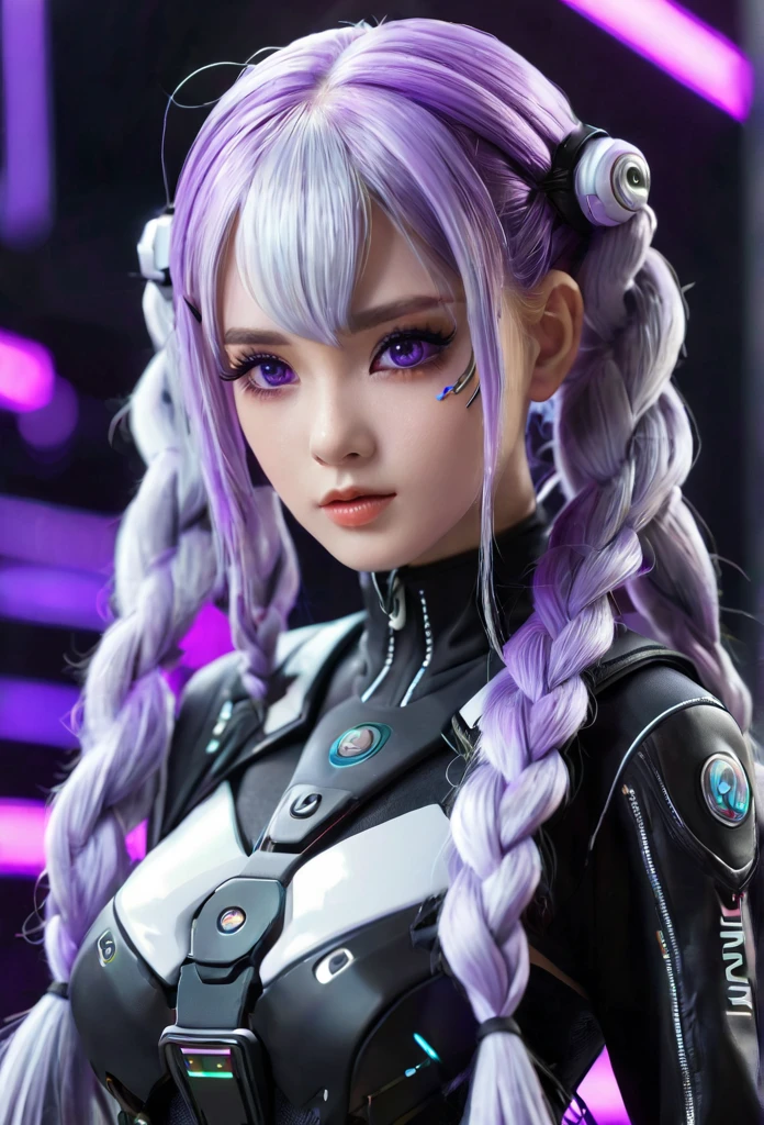 yinji,1girl,solo,purple_hair,purple_eyes,very_long_hair,grey_hair,braided_ponytail,large_breasts,gradient_hair,cool,Doll-like face,Perfect Face,cyber punk,Holography,BREAK,(Super long pigtails:Lilac color),BREAK,Cyberspace Background,Yinji suit:detailed,Purple, white and black color scheme,neon,Dance,Anatomically correct