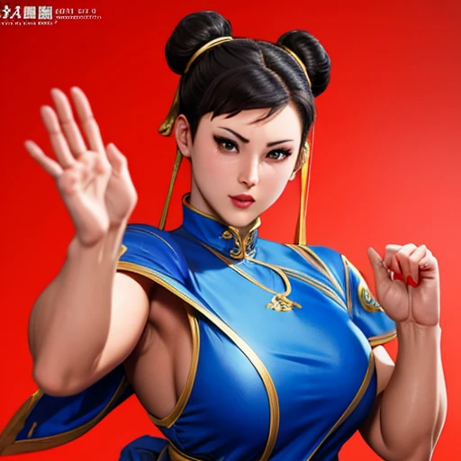 Chun Li  labios rojos  cuerpo firme senos perfectos traje iconico de Chun Li pose de pelea wingchun 