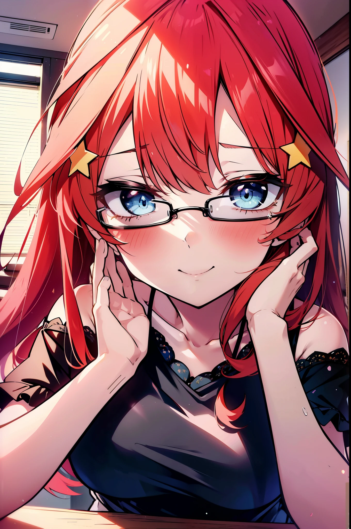 itsukinakano, Itsuki Nakano, bangs, blue eyes, Hair between the eyes, Ahoge, Redhead, star \(symbol\), hair ornaments, star hair ornaments,happy smile, smile, Open your mouth,smile,blush,Akagi glasses,Cold shoulder tops,Short sleeve,Long skirt,Stiletto heels,whole bodyがイラストに入るように,interior,There is a computer on the table,Looking up from below,
break indoors, オフィス
break looking at viewer, whole body,
break (masterpiece:1.2), highest quality, High resolution, unity 8k wallpaper, (figure:0.8), (Beautiful fine details:1.6), Highly detailed face, Perfect lighting, Highly detailed CG, (Perfect hands, Perfect Anatomy),