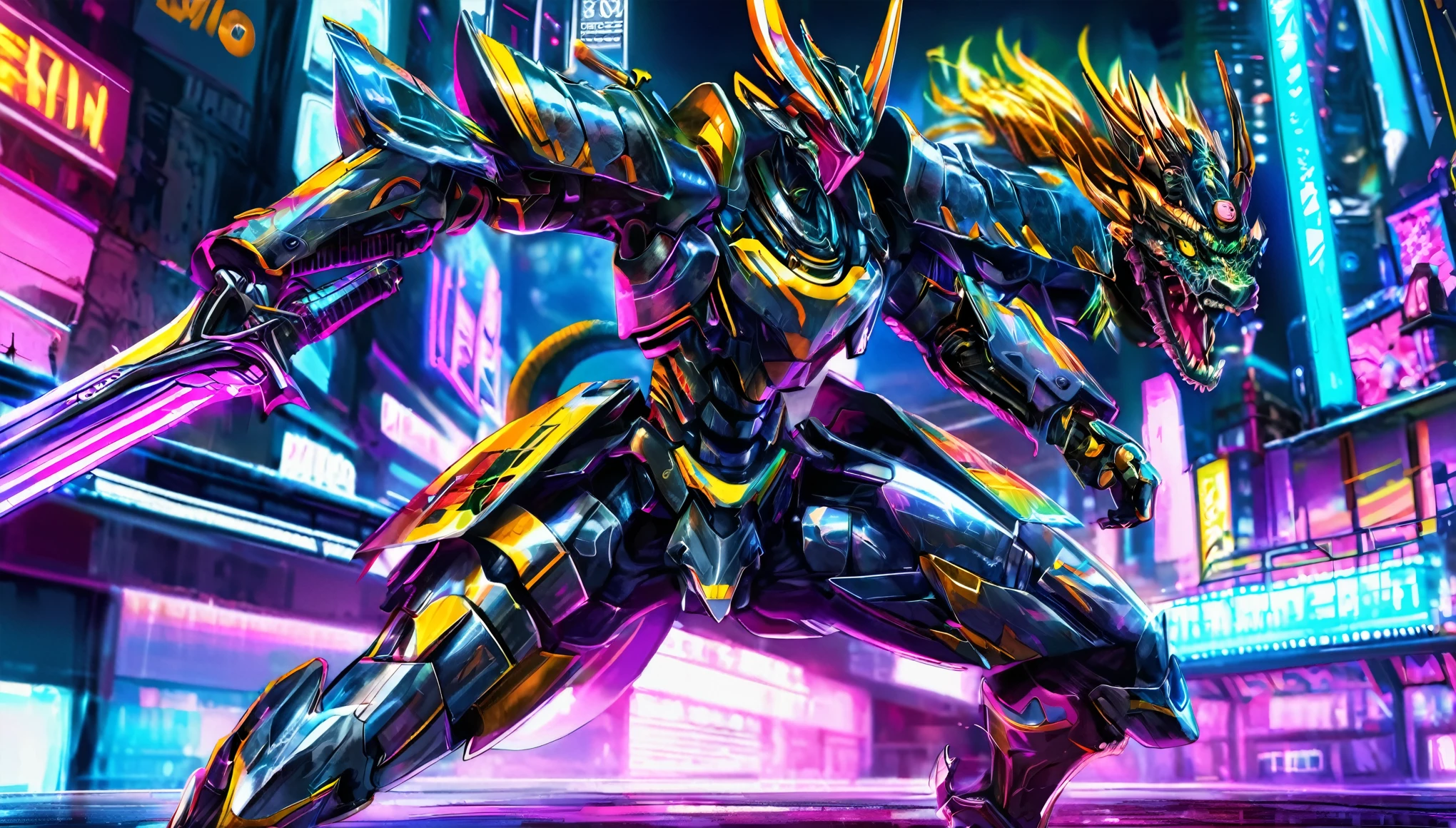 A samurai warrior in liquid metal armor with dragon designs, wielding a neon lit blade, in a cyberpunk arena, full body, (best quality,4k,8k,highres,masterpiece:1.2),ultra-detailed,(realistic,photorealistic,photo-realistic:1.37),HDR,UHD,studio lighting,ultra-fine painting,sharp focus,physically-based rendering,extreme detail description,professional,vivid colors,bokeh,cyberpunk,science fiction,mecha