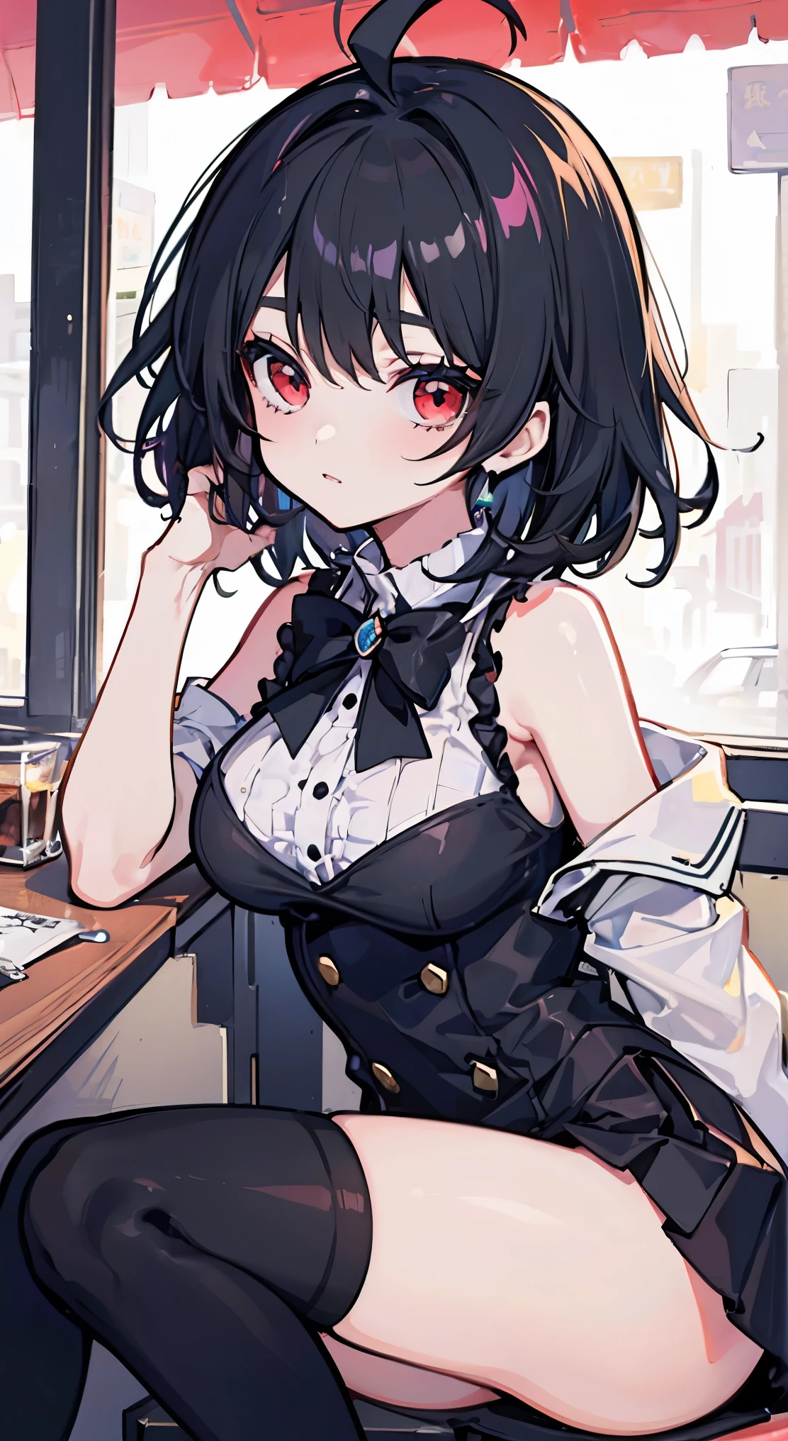 masterpiece, best quality, bishoujo, medium hair, black hair, ahoge, red eyes, black thighhighs, ,