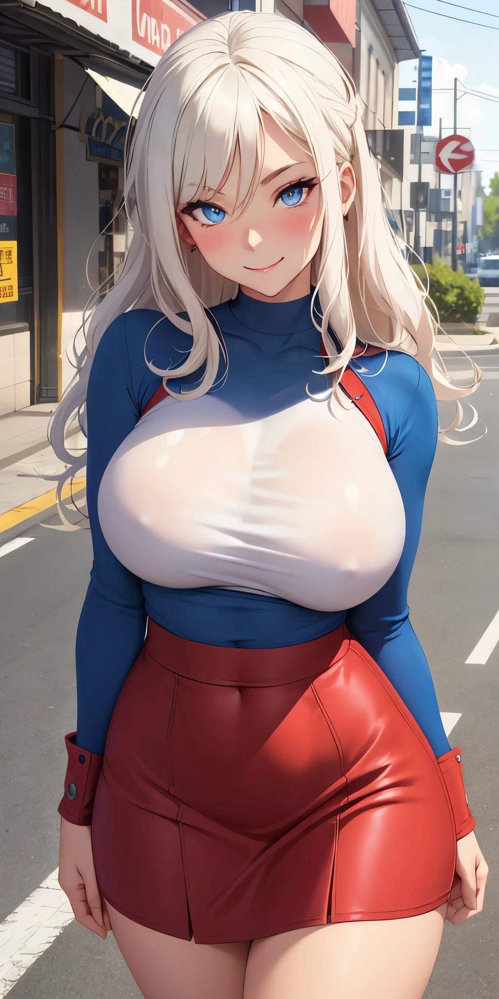 Large breasts, split: 1.2), lock of hair, (1 20 year old girl: 1.2) wavy white hair, blue eyes, double eyelids, light effect on eyes, extremely sensual body, tanned skin, punk t-shirt red long-sleeved, high-waisted skirt, curvy woman (masterpiece: 1.1), (top quality: 1.1), ((1.2), blush, mischievous smile, flirting with viewer, mature woman, on the road