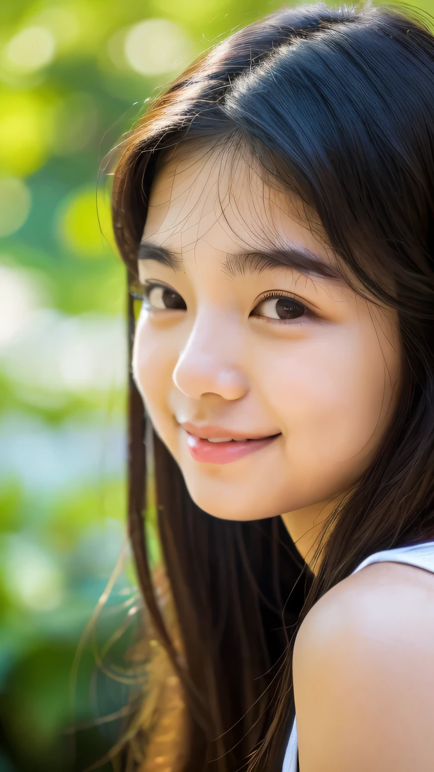 masterpiece High resolution Female student Delicate face Thick eyebrows Deep-set eyelids natural atmosphere boyish 16 years old Dimples Mole Tanuki face Tank top Open your mouth wide Make fun of them Listen to the Earth Listen to the earth sounds A bright future