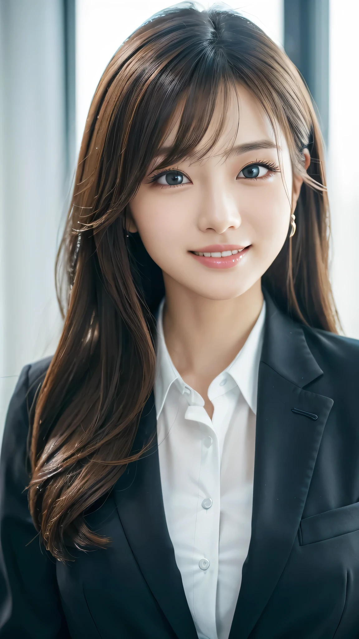 table top、highest quality、genuine、Super detailed、finely、High resolution、8k wallpaper、one beautiful woman、、、light brown disheveled hair、wearing a business suit、sharp focus、perfect dynamic composition、beautiful and detailed eyes、thin hair、Detailed genuine skin texture、smile、model body shape、In Tokyo at morning、