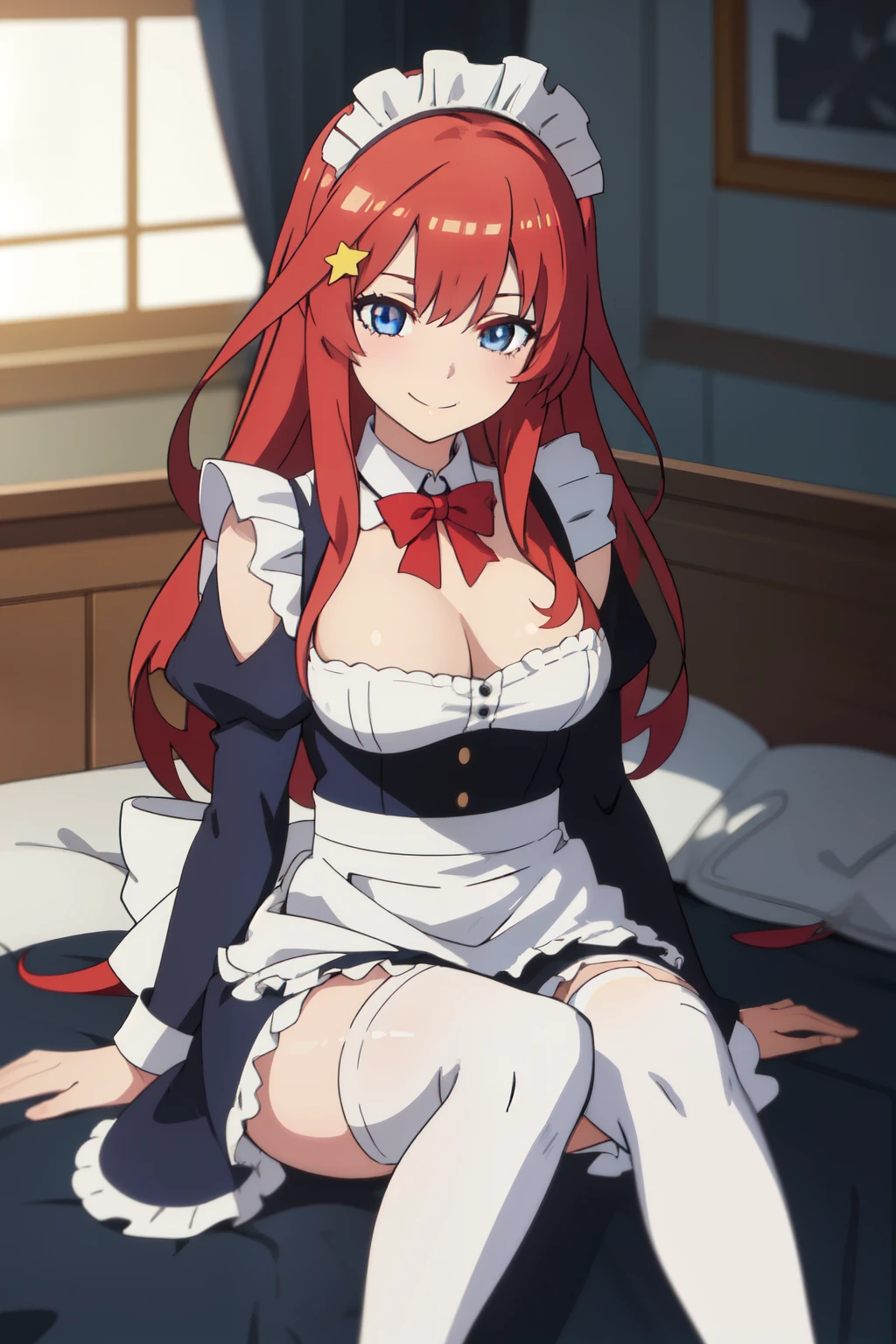 Anime background art, bottom of room, one bed, lying on a bed, beautiful anime scenes, 4K anime art wallpaper, 4k anime art wallpaper, Rosla global illumination, anime girl, 1 girl, 1 man, LORA similar, best quality, detailed, alone, looking at the viewer, mouth closed, smile, long hair, definition in the eye, perfect face, perfect face, perfect hair, red hair, star shaped hair accessory on both sides, blue eyes, white short stockings, stockings on both legs, maid costume, big tits.