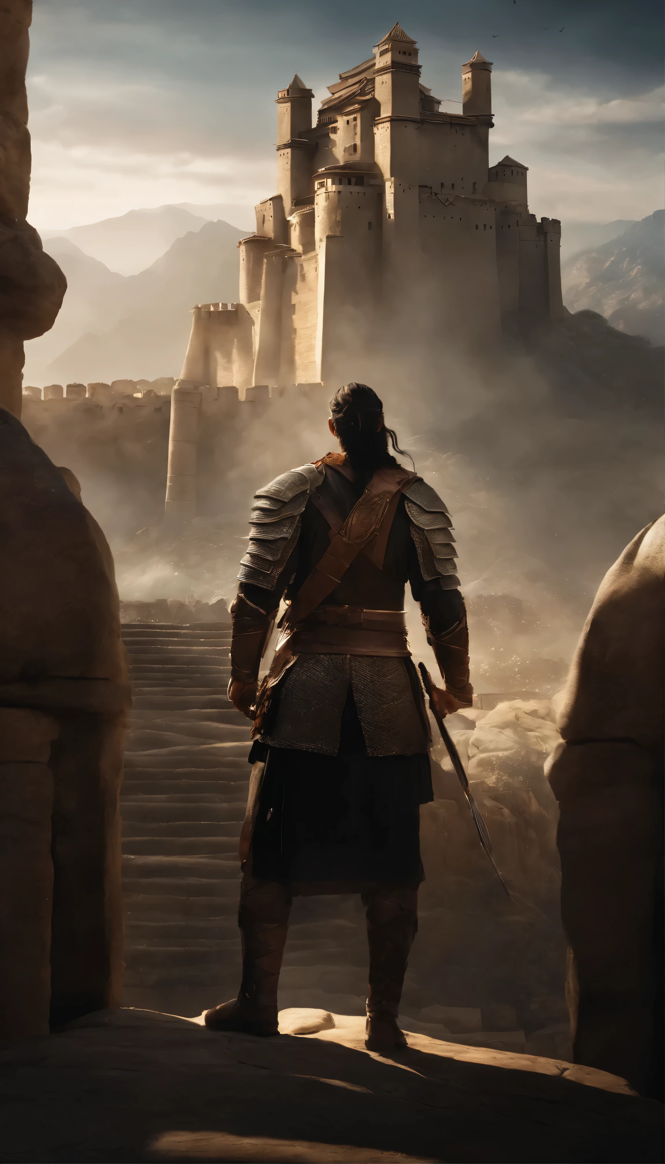 A scene from a movie(masterpiece、Highest quality、Photorealistic):The majestic building is dramatically lit、High-contrast shadows cast on the details of the fortress towers。An ancient warrior in striking armor stands atop a tower、Determination is engraved on his sculpted features、Preparing for battle。The falling stones glittering in the air、Announcement of the imminent siege of the walls of Jericho。The dust scattered by the crowd、1.Add to the exaggerated perspective of the 5-deep border、Creating immersive and awe-inspiring scenes。 The shocking enormity of
