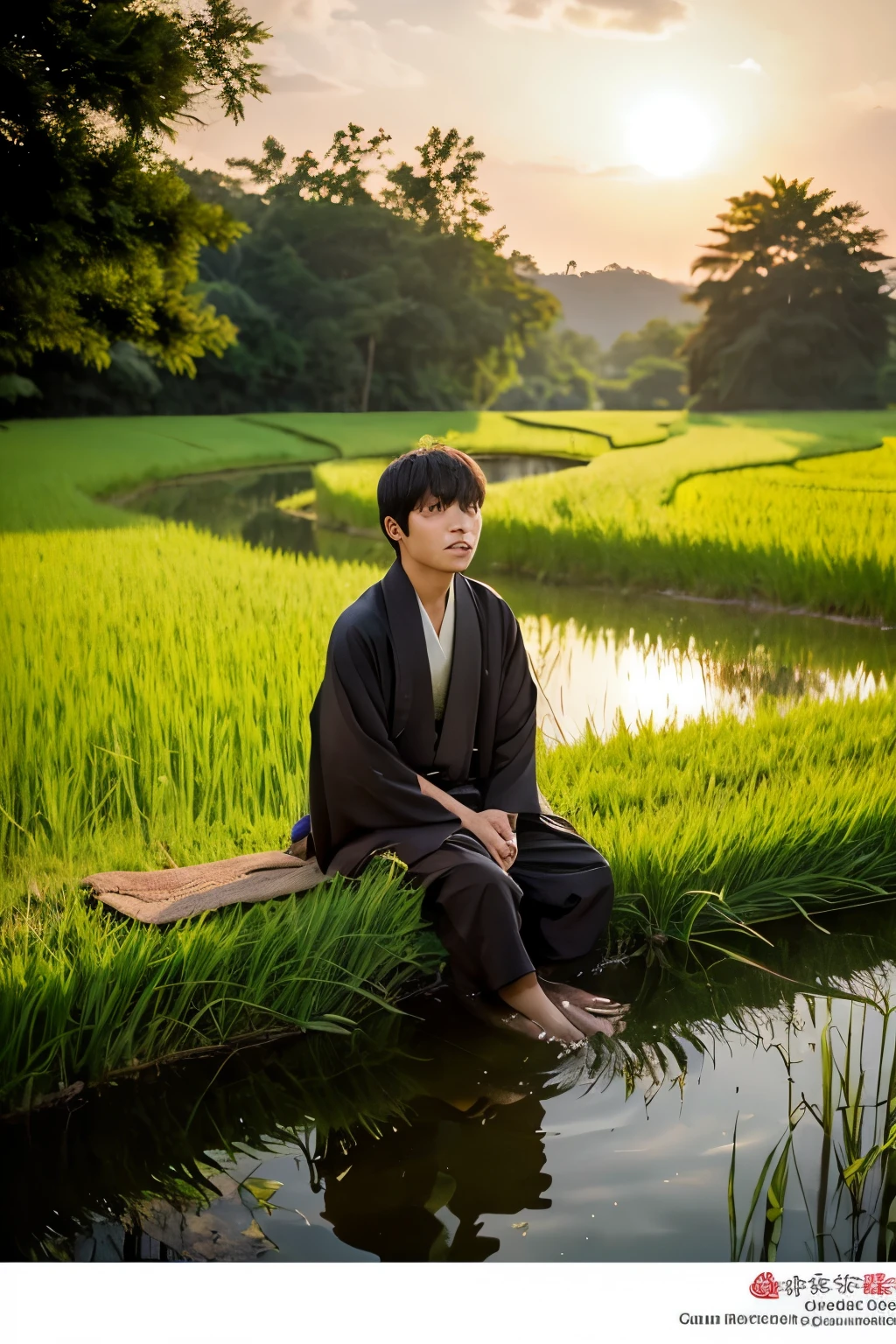 "Create an image of a young Oda Nobunaga sitting at the edge of a rice field during the Sengoku period in Japan. He is dressed in humble, worn-out clothing, reflecting a modest and impoverished background. His expression is one of deep thought and ambition as he gazes out over the rice field, capturing a sense of determination and longing for a greater future. The background includes the lush green of the rice field and the setting sun to add a touch of melancholic beauty."