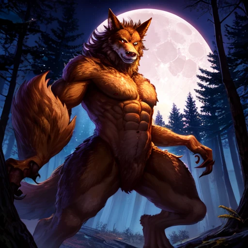 best quality, masterpiece, highres, detailed, realistic, Werewolf, monster,  brown fur, jojo pose, forest, night, full moon,