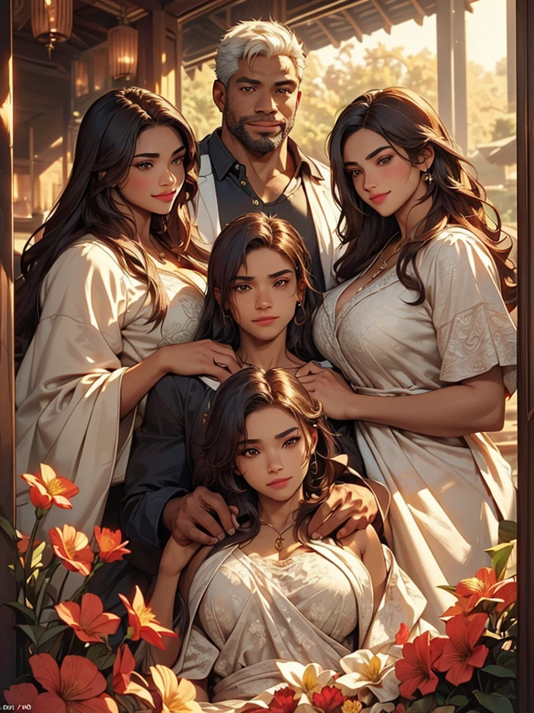 (Best Quality, 2k, Masterpiece, QHD: 1.3, A Handsome short haired african barbarian   man is surrounded by three women up against him touching him and gaze at him, at a mansion, wearing Tracksuits that show off body, perfect bodies, women: long flowing hair, flowers in hair, seductive, materials, golden hour, , jewelry, golden hour, photorealistic, masterpiece, in love, small grin, perfect faces, Flirtatious-groping 