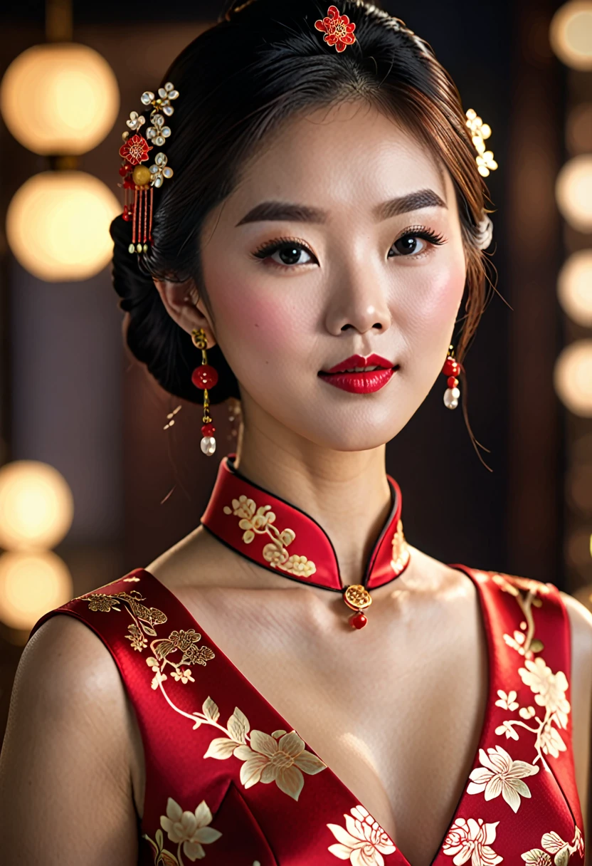 Best Quality, Masterpiece, Hi-Res, One Girl, Cheongsam, Headwear, Necklace, Jewelry, Beautiful Face, upon_body, Tyndall Effect, Photorealistic, Dark Studio, Rim Lighting, Two-Tone Lighting, (High Definition Skin: 1.2), 8k uhd, dslr, soft lighting, high quality, volumetric lighting, candid, photography, high resolution, 4k, 8k, bokeh,