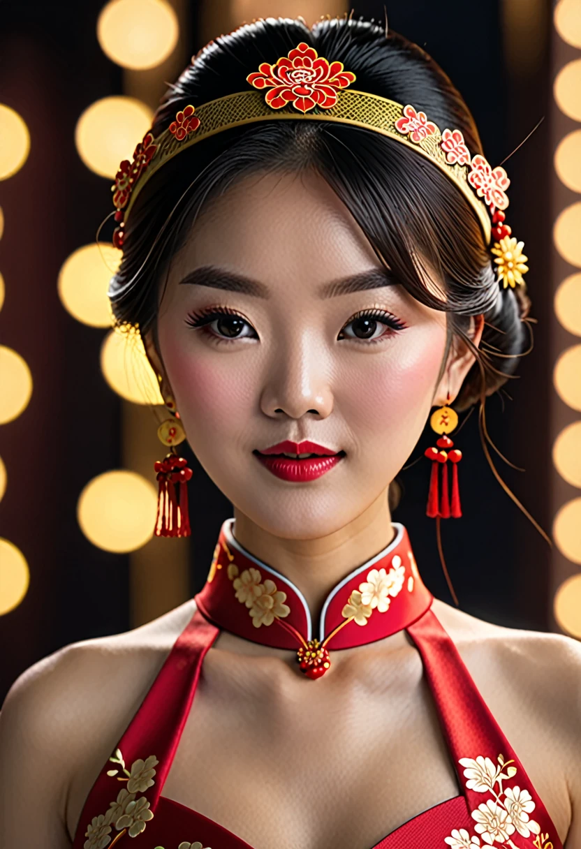 Best Quality, Masterpiece, Hi-Res, One Girl, Cheongsam, Headwear, Necklace, Jewelry, Beautiful Face, upon_body, Tyndall Effect, Photorealistic, Dark Studio, Rim Lighting, Two-Tone Lighting, (High Definition Skin: 1.2), 8k uhd, dslr, soft lighting, high quality, volumetric lighting, candid, photography, high resolution, 4k, 8k, bokeh,