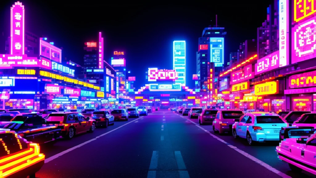 Pixel Games，Set design，Fantastic scene，Cyberpunk Style，Neon color，High saturation，Space City，Lots of signs,temporarily stopped， Pink glow,Chinese style signboard