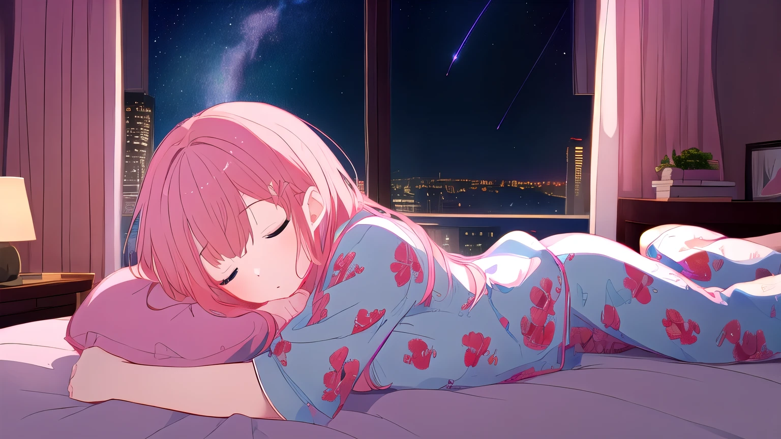 (highest quality, masterpiece, High resolution),One girl,Mid-chest,  Pink Hair, long hair, pajamas、Lying on the bed and sleeping、You can see the starry sky from the window、night、Dimly lit room