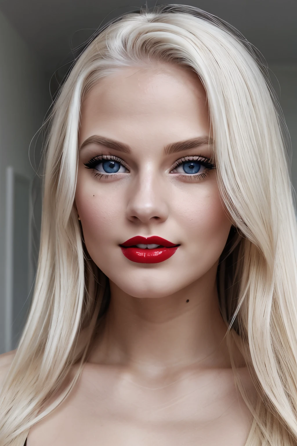 Attractive hot blonde Girl Age 21, Red Lips, Beautiful eye, seduce face, devine face, White hair, long hair, cute nose,