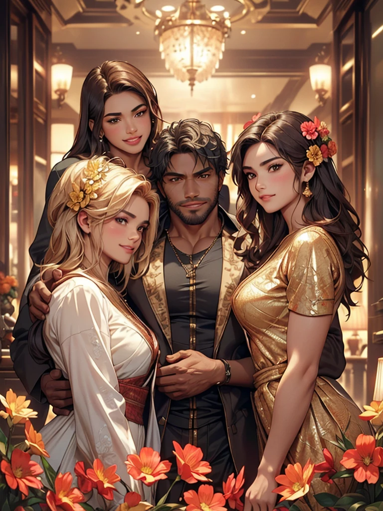 (Best Quality, 2k, Masterpiece, QHD: 1.3, A Handsome short haired african barbarian   man is surrounded by three women up against him touching him and gaze at him, at a mansion, wearing Tracksuits that show off body, perfect bodies, women: long flowing hair, flowers in hair, seductive, materials, golden hour, , jewelry, golden hour, photorealistic, masterpiece, in love, small grin, perfect faces, Flirtatious-groping 