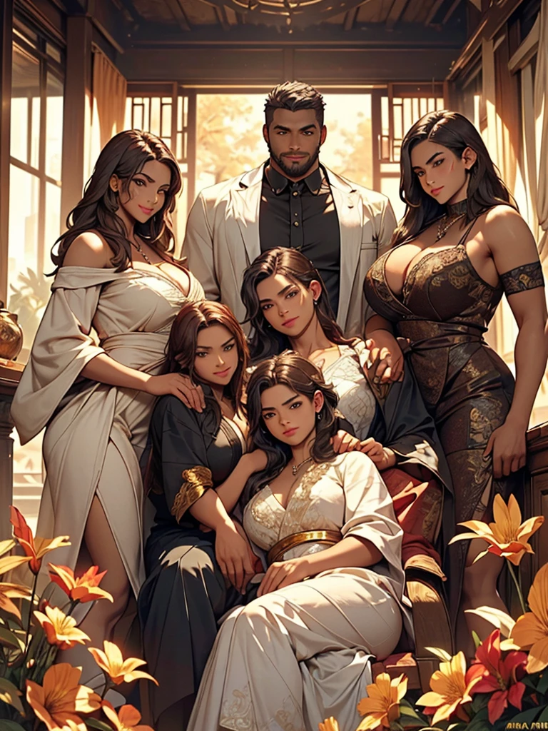 (Best Quality, 2k, Masterpiece, QHD: 1.3, A Handsome short haired african barbarian man is surrounded by three women up against him touching him and gaze at him, at a mansion, wearing Tracksuits that show off body, perfect bodies, women: long flowing hair, flowers in hair, seductive, materials, golden hour, , jewelry, golden hour, photorealistic, masterpiece, in love, small grin, perfect faces, Flirtatious-groping