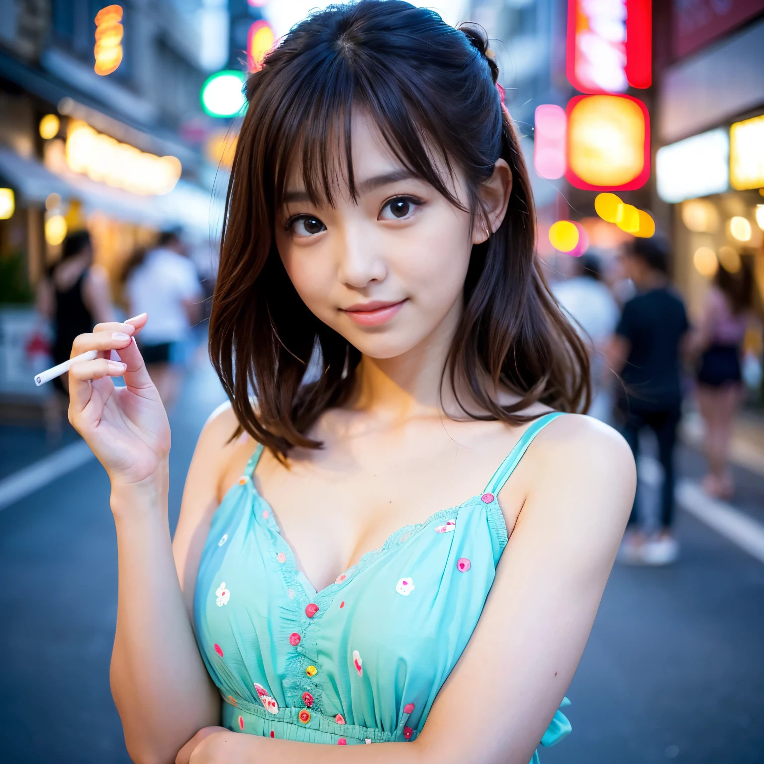 ((Best-quality, Masterpiece, Ultra-High-Resolution, (Photorealistic:1.4), Raw Photo, depth of field, professional lighting, perfect anatomy, extremely details, perfect face, perfect body, perfect hair, perfect hands, perfect fingers)), 1girl, -yeld, thost famous Japanese idol, smoking at Hiroshima's main street, (wearing summer dress with cute-design), (extremely cute face like the most popular Japanese idol, ((extremely cute and extremely big eyes)), extremely cute hair, extremely beautiful skins, extremely cute long-eyelashes, extremely cute lips), looking at viewer, innocent smile, cute pose, detailed Hiroshima's-main-street