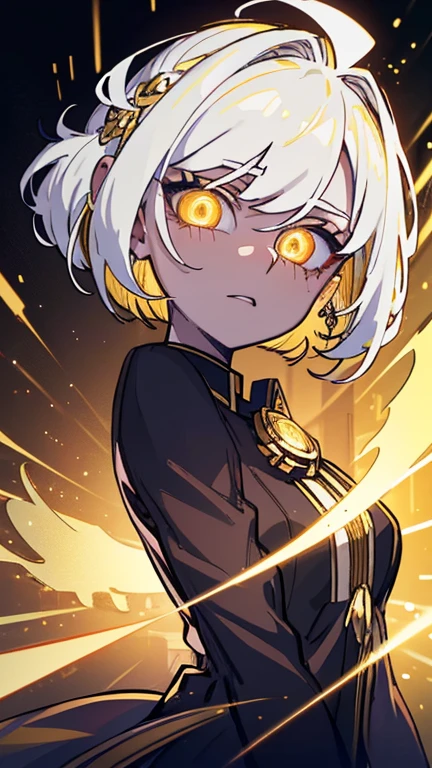 highres, superb quality, Hyper HD, Masterpiece, highly detailed, ((masterpiece)), ((young__face)), ((front view)), (glowing golden eyes), anime girl, gradient (white hair), asymmetrical bob haircut, bob haircut, asymmetrical hair, (shiny skin), white_hair, solo, ❤ love, beautiful