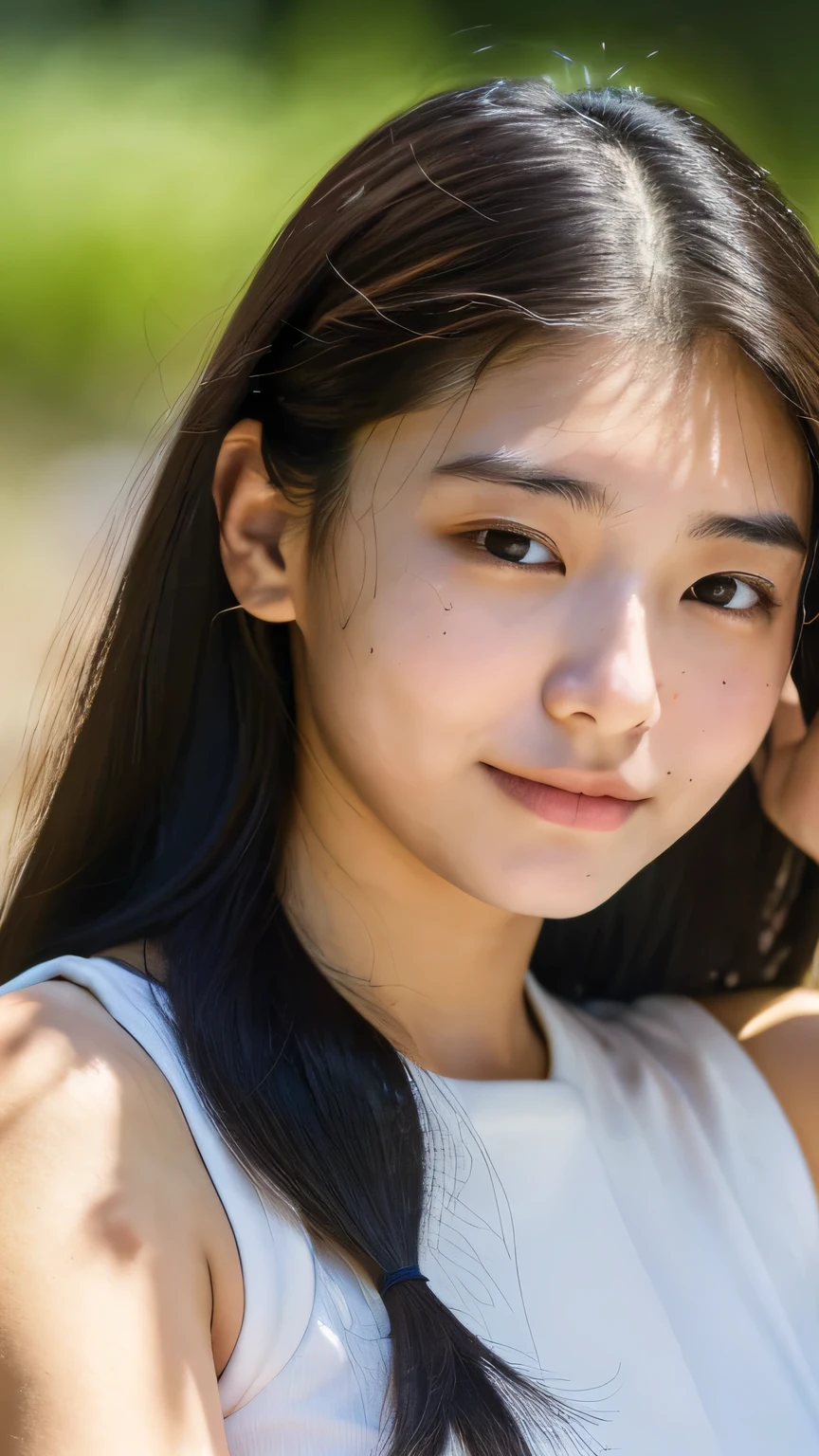 masterpiece　High resolution　Female student　Delicate face　Thick eyebrows　Deep-set eyelids　natural atmosphere　boyish　16 years old　mole　Tanuki face　　Tank top　Open your mouth wide　Listen to the Earth　Listen to the sounds of the earth　A bright future　