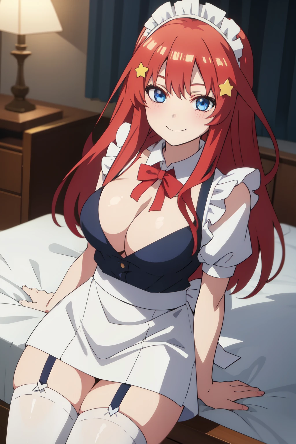Anime background art, bottom of room, one bed, standing, beautiful anime scenes, 4K anime art wallpaper, 4k anime art wallpaper, Rosla global illumination, anime girl, 1 girl, 1 man, LORA similar, best quality, detailed, alone, looking at the viewer, mouth closed, smile, long hair, definition in the eye, perfect face, perfect face, perfect hair, red hair, star shaped hair accessory on both sides, blue eyes, white short stockings, stockings on both legs, maid costume, big tits.