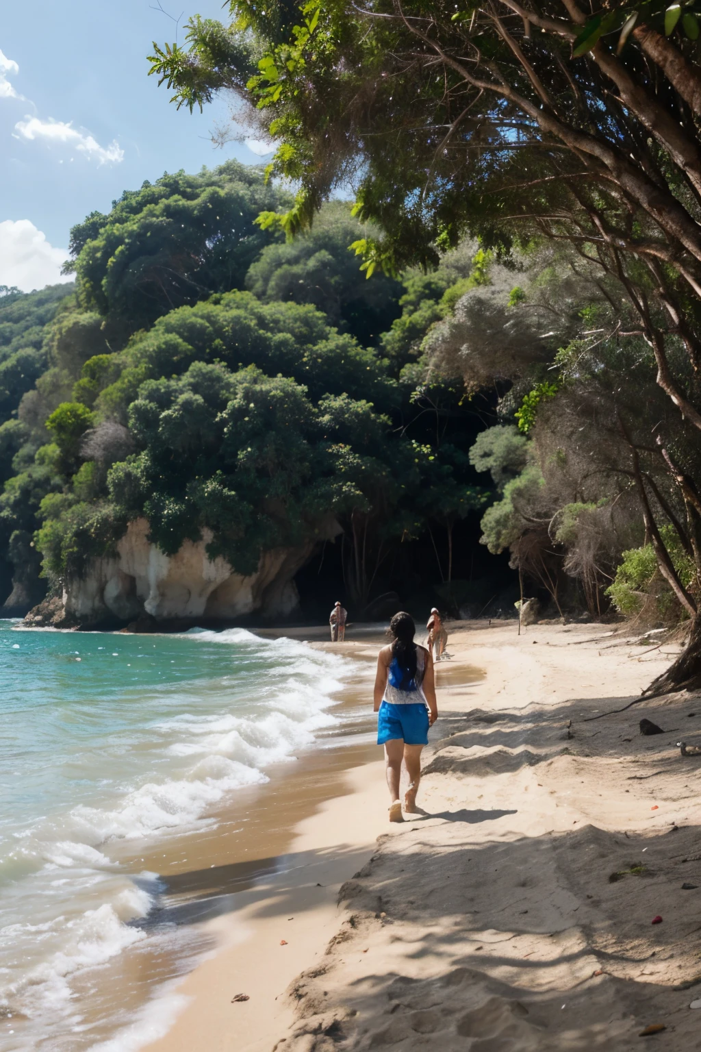 Paisaje de playa , agua azul , personas caminando 

