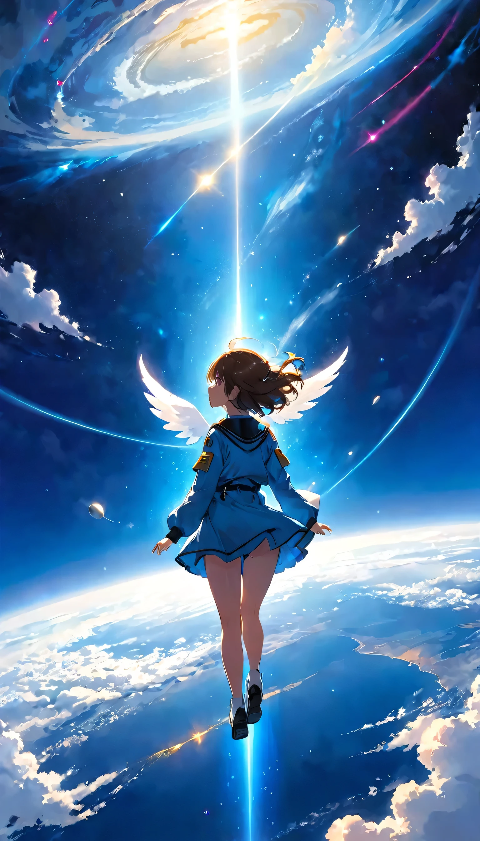 Girl Flying in the Sky,Back view,Deep blue sky,atmosphere,Cosmic radiation