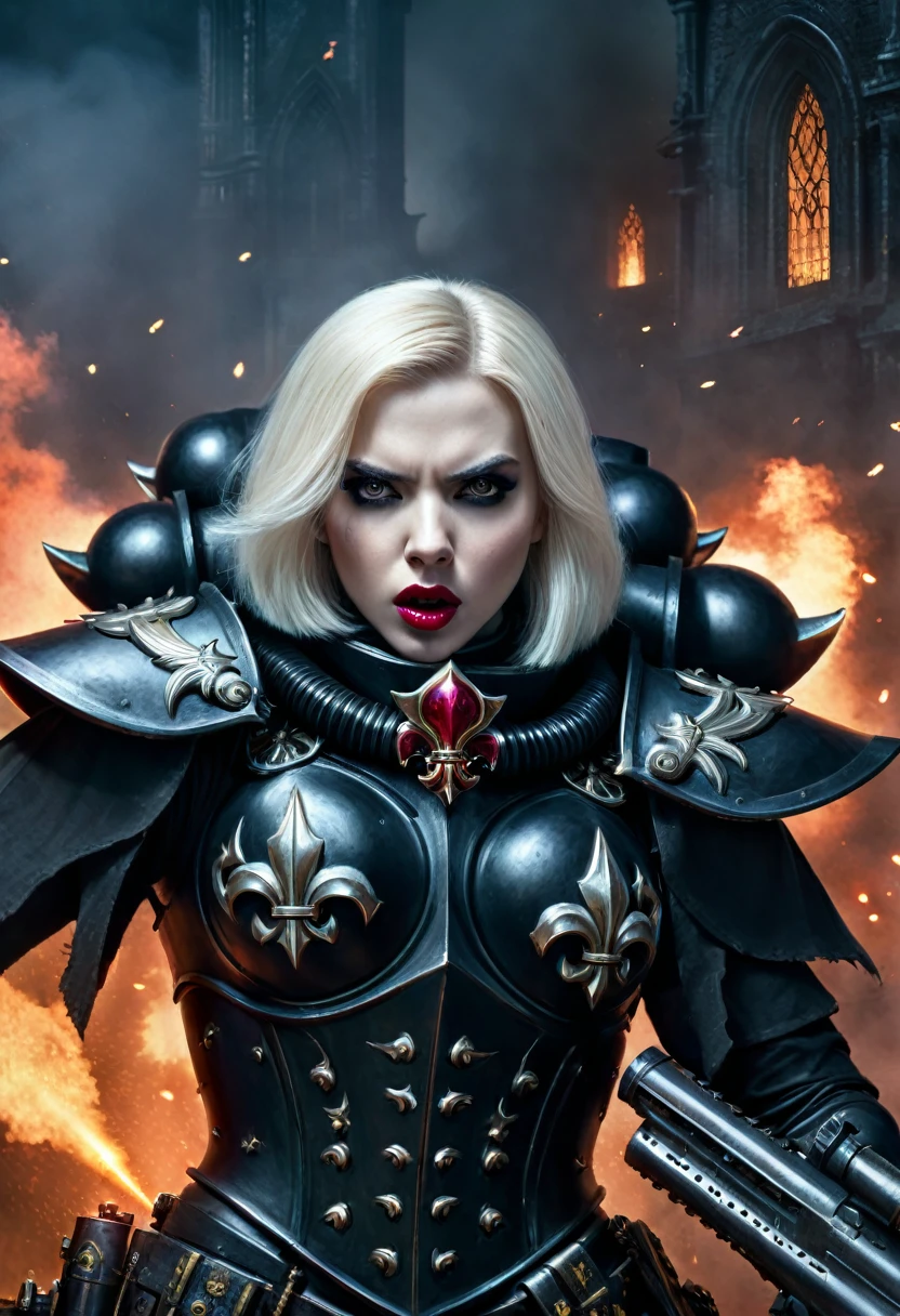 Hyper photo realistic picture perfect sisters of battle,hyper realistic gorgeous face,thin curved eyebrows, black eyeliner,black eye shadow, ruby lipstick, long luscious platinum blonde hair, cinematic action shot of a group of adepta sororitas, abstract concept art in the style of, Apterus, Zdzislaw Beksinski,
wearing full metal armor, (ORDER OF ARGENT SHROUD:1.2), (fleur de lis:1.2), holding weapon, (rifle, bolter:1.3), (scarlett johansson:0.9), (dark eyeshadow:1.1), goth makeup, detailed realistic skin, matte skin texture, skin imperfections, (angry:1.2), grim, shouting, (firing at viewer:1.3), in battle, (fighting stance:1.1),
detailed background, gothic ruins in the background, war, smoke, fog, (dim lighting:1.2), action movie poster,
dark art (masterpiece:1.1), (high resolution RAW photo, hdr:1.1) film grain, cinematic bokeh, depth of field, analog style, detailed, intricate, best quality, high quality, high res, absurdres, official art, grimdark, warhammer 40k, neon sapphire eyes,