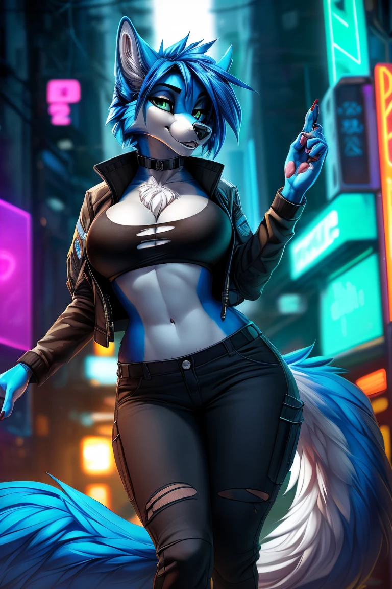 uploaded on e621, (by Wildering, by fluff-kevlar, by aycee), solo, neck tuft, hip tuft, leg tuft, big tail, fluffy tail, green eyes)), (((fur colors of blue and white))), (full body portrait), (masterpiece), (best quality), (anthro furry:1.3, snout:1.2, anthro:1.3, furry:1.2, solo female:1.2), (thick figure, curvy figure), (wide hips), (extremely thick thighs), (huge breasts, perky breasts), sexy pose, suggestive pose), (((canine))) BREAK (((sexy cyberpunk outfit, cropped unzipped jacket with small top, cropped tactical pants that are torn and patched, digitigrade feet))), (Long blue hair), (cyberpunk city background at night, depth of field, neon lights, ambient light on the body), (intricate:0.7), (high detail:1.3), (unreal engine:1.3), (sharp focus:1.15), [explicit content, questionable content], (masterpiece, best quality, 4k, 2k, shaded, absurd res)