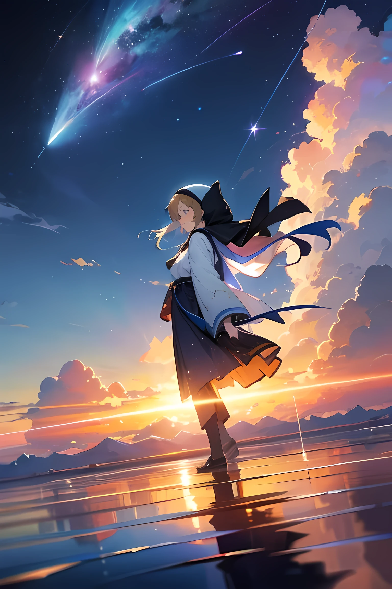 1 girl, eye, close up, beautiful night sky, meteor shower, beyond the clouds, water surrounded, reflections, wide angels, breathtaking clouds, wide angle, by makoto shinkai, thomas kinkade, james gilleard, by holosomnialandscape, hdr, volumetric lighting, ray tracing, an intricate, high details, very detailed, deviantart, 4k vertical wallpaper,, colorful, airy, anime illustration, anime nature wallpaper, hijab, modest clothing, Anime, 2D, Illustration,