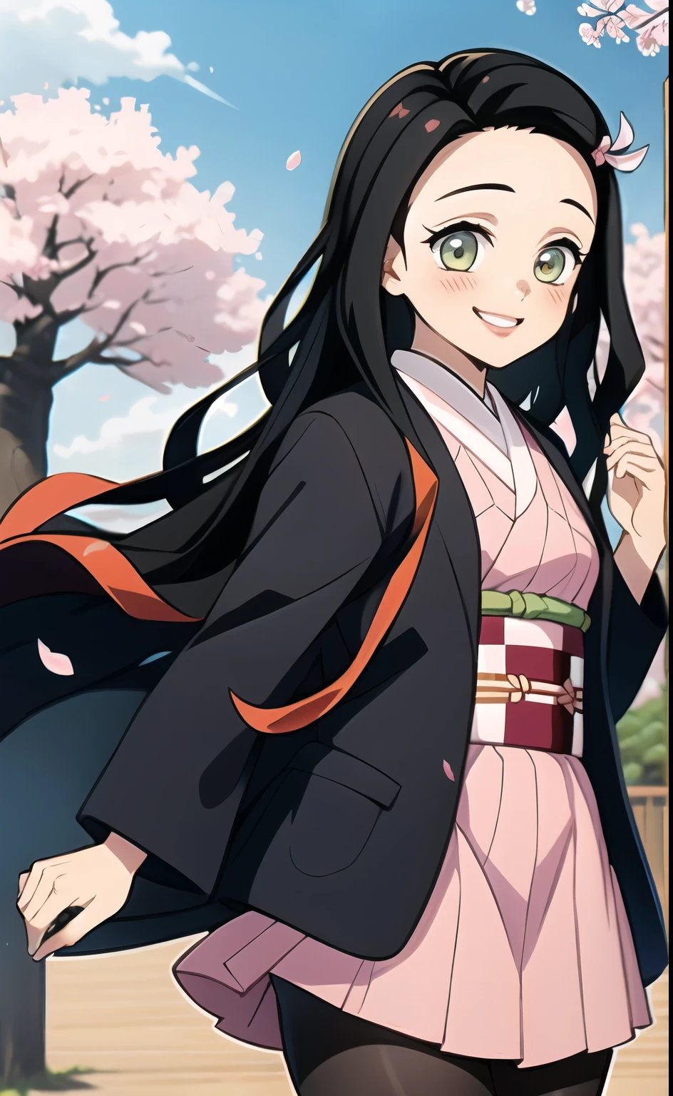 Nezuko, Kimetsu, 1 girl, long hair, mixed red and black hair, hair ornament, line of sight, blush, happiness, beautiful smile, standing seductively, beautiful scenery, cherry blossoms, sunny sky,