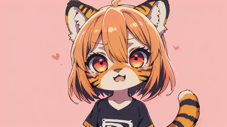 (obra maestra, Alta calidad, mejor calidad, 8K, high resolution), ((estilo chibii, Chibi lindo)), (solo, 1 girl), {Tiger Girl, cara de tigre, 2 colmillos, long eyelashes, delineador de ojos} {bigotes de tigre}, (((Piel de tigre por todo el cuerpo., Rayas de tigre en el cuerpo.))), (pelo naranja), cabello corto, Pinza para el cabello, [[Pinza para el cabello white flower on hair]], ((Muy feliz)), ((boca abierta)), ojos naranjas, [pupilas negras], ((buscando)), (very small breasts), brazos delgados, (un brazo arriba, un brazo hacia abajo), axilas, ((mini camiseta rosa, camiseta rosa completa)), {shorts blancos}, {{{mini cola de tigre, Cola en la espalda}}}, (cuerpo completo), (((de pie, jump angle))), dynamic pose, Fondo blanco, fondo sencillo, ((((Estilo Tora-chan no Hanayome)))), (old anime style 40s), estilo animado, anime color.