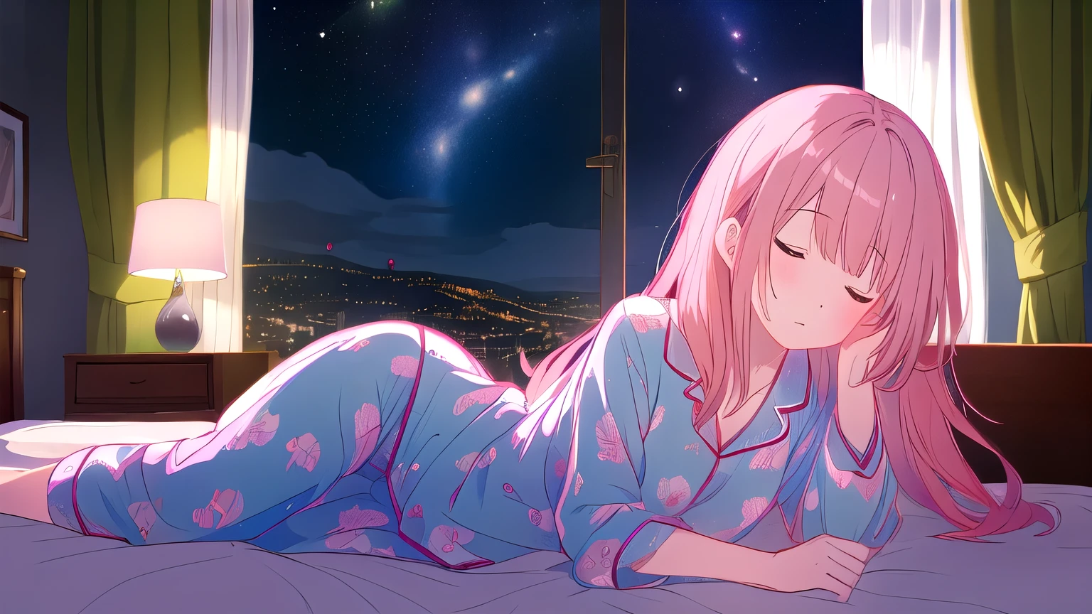 (highest quality, masterpiece, High resolution),One girl,Mid-chest,  Pink Hair, long hair, pajamas、Lying on the bed and sleeping、You can see the starry sky from the window、night、Dimly lit room