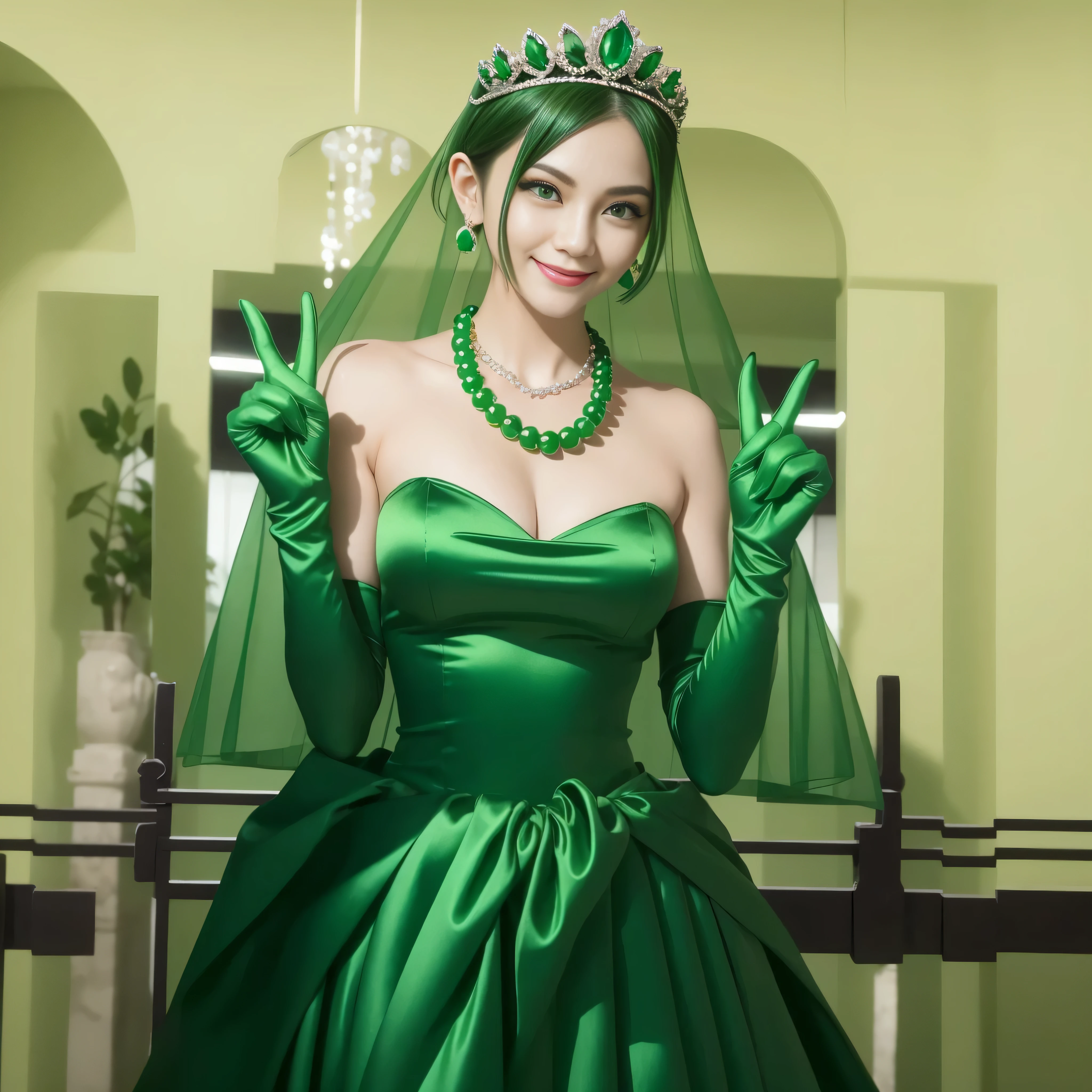 Emerald tiara, Green Pearl Necklace, Boyish very short green hair, lipstick, Smiling Japanese woman, Very short hair, Big and beautiful, Green Eyes, Long green satin gloves, Green Eyes, v sign, Emerald Earrings, Green veil, peace sign
