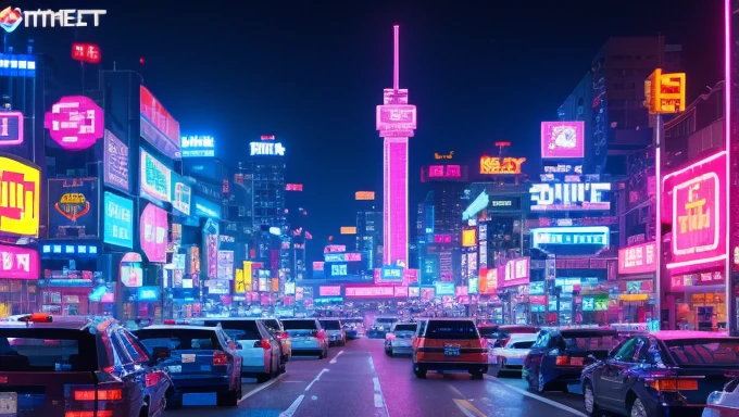 Pixel Games，Set design，Fantastic scene，Cyberpunk Style，Neon color，High saturation，Space City，Street lined with skyscrapers,Lots of signs， Pink glow,Chinese style signboard