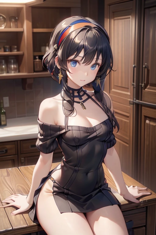 (dynamic angle:1.3, front view:1.1, breast focus:1.3, from below:1.2), (dynamic posing:1.5, sexy posing:1.3, leaning forward), (seductive smiling:1.3),masterpiece, 1girl, (pointed chest:1.3), cleavage:1.1,(double breasted:1.3,under bust:1.3), Amazing Cleavage:1.5, thin waist, big ass, Raised sexy, (small breast: 1.4) posed cleavage:1.4、solo, looking at viewer, open mouth, have a grass of beergrass,black hair, blue eyes, bare shoulders, jewelry, collarbone, sidelocks, hairband, earrings, indoors, (red off shoulder sweater dress:1.3,skirts:1.3), arms behind back, short hair with long locks, blue white hairband, big side hair, very long side hair is rendered in (masterpiece: 1.2, best quality), with (ultra high resolution) and an exquisite (depth of field). This masterpiece is not only visually stunning but also tells, a scene of cooking in the kitchen