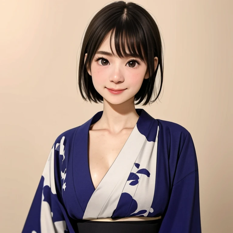 (kawaii 24 year-old Japanese girl, Nogizaka idol, Korean idol), glossy brown hair, (very short hair:1.2), beautiful black eyes, rounded face, narrow shoulders, single eyelid, (no makeup:1.2), big laughing, (yukata, Japanese traditional clothes), extra small breasts, BREAK, (simple white background:1.2), (view from forward, bust shot, id photo:1.2), BREAK, (masterpiece, best quality, photo realistic, official art:1.4), (UHD, 8K quality wallpaper, high resolution, raw photo, golden ratio:1.3), (shiny skin), professional lighting, physically based rendering, award winning, (highly detailed skin texture, extremely detailed face and eyes textures), Carl Zeiss 85 mm F/1.4, depth of field, (1girl, solo),