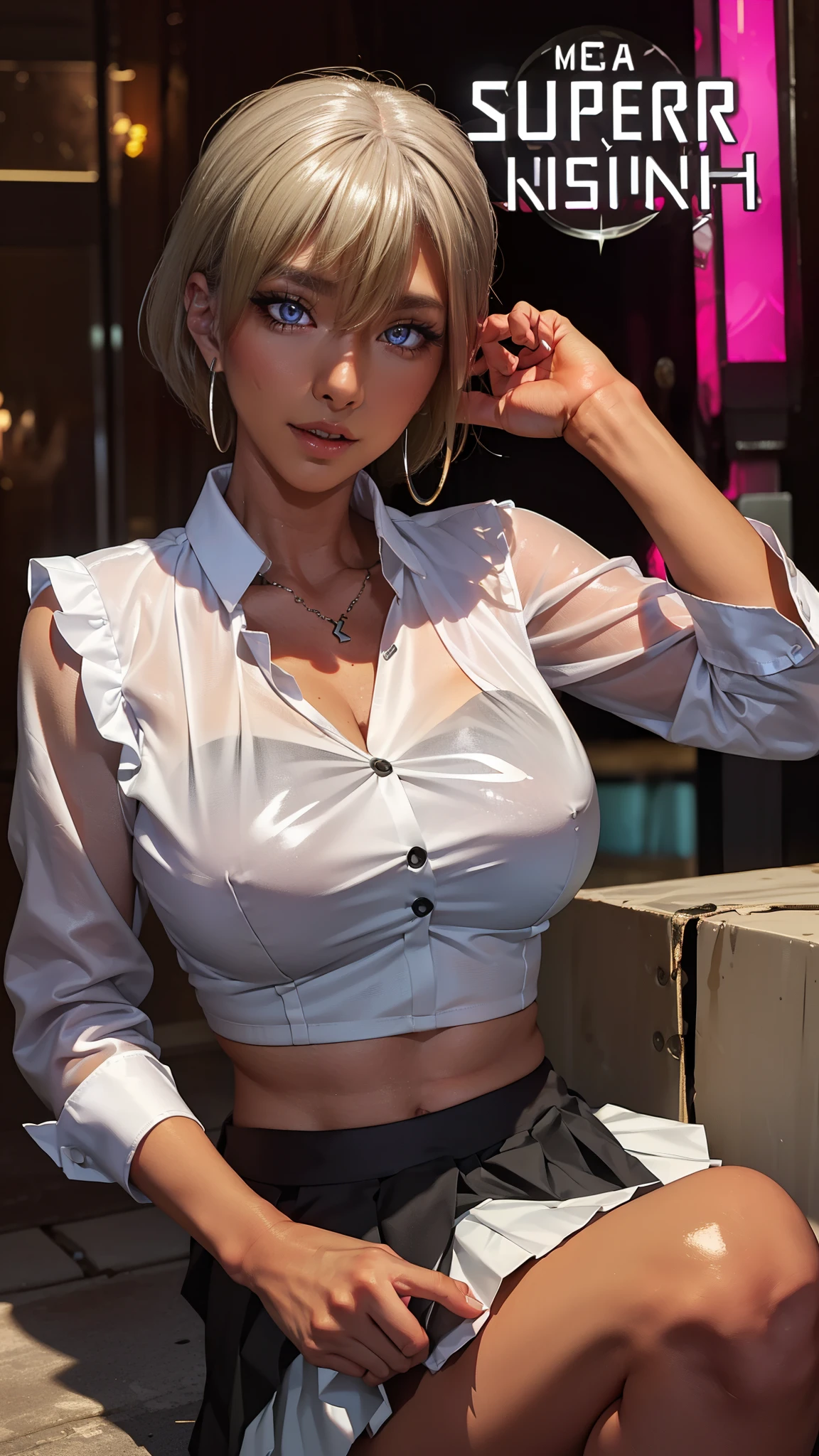 ((JAV Cover:1.8, Big Titles, Countless insults、 POP title text:1.8)),(SFW:1.8, highest quality、highest quality、masterpiece、Ultra-high resolution, 8k, RAW Photos, Realistic: 1.4), (Safe and secure、everyone、safety sensor、Absolutely safe, safety), Lighting to suit your space、From feet to head、One Girl, the body is slim、Oval Face, pore, (Multi-color contact lenses、Lip gloss, Long eyelashes), (Mega size super big breasts:1.5), ) (Detailed pupil, Perfect Eyes:1.2), (Reflects light、Shiny clothes that show wrinkles:1.2), (A lot of ear piercings), necklace, latex, Attractive perfect female proportions, Fine surface texture, high school girl 、Captivating woman、pixie short hair、break 、White yellow hair color、(White shirt and black pleated skirt:1.8)、relax、break、(Shiny fluorescent pink gloss lip、gyaru makeup:1.3), Big cleavage、(In front of a neon-lit Japanese love hotel)、(Squint your eyes:1.3,Please open your mouth wide:1.2、Ecstatic face:1.2) , Take a look at the screen、(Move it a little further away from the camera:1.5、From head to toe:1.5、Offer your hand、Make it attractive、