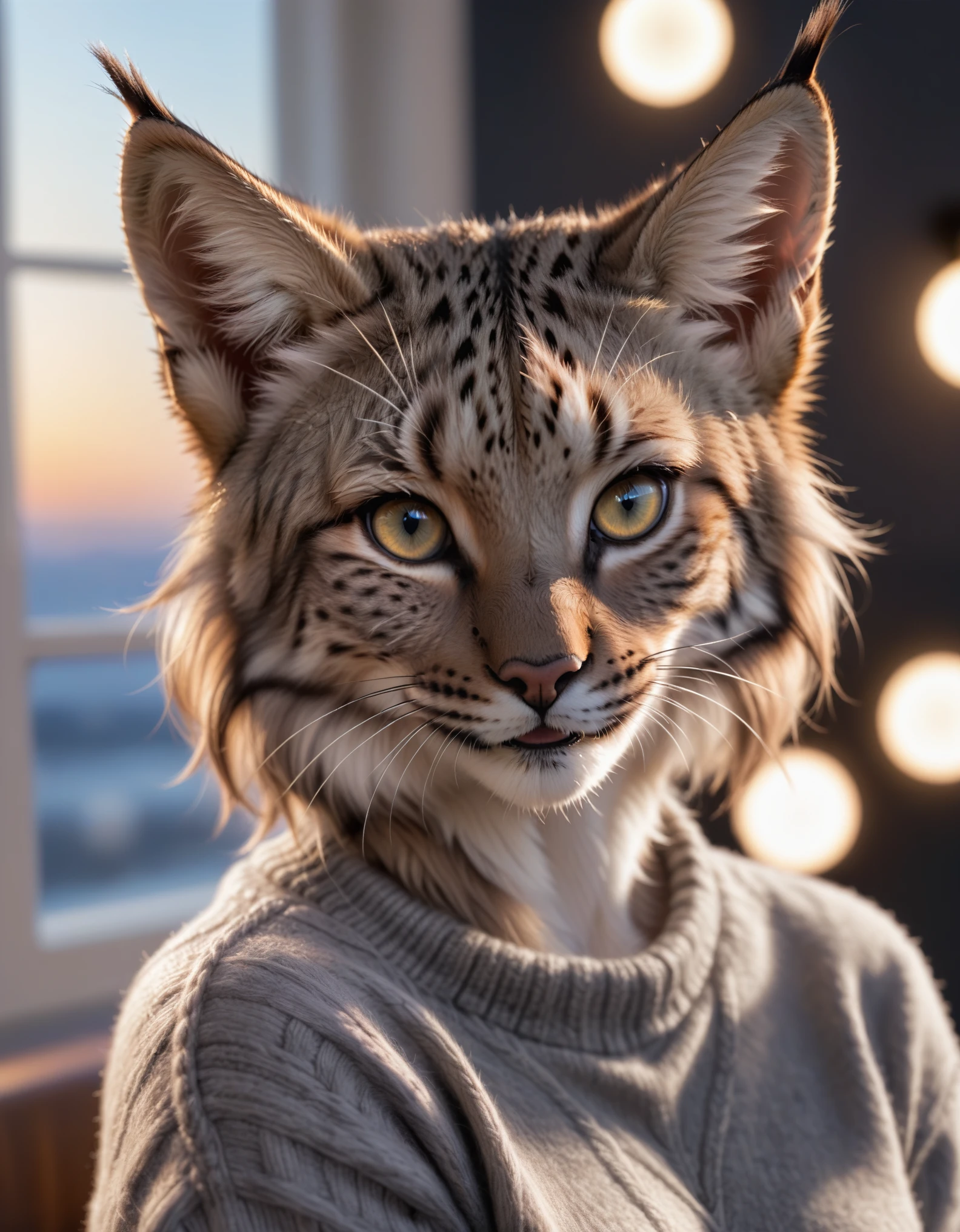 Closeup photo,  anthro furry lynx female ,wearing a wool sweater, high quality photography, 3 point lighting, flash with softbox, 4k, Canon EOS R3, hdr, smooth, sharp focus, high resolution, award winning photo, 80mm, f2.8, bokeh