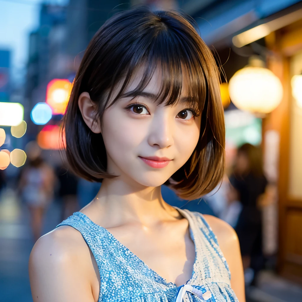 ((Best-quality, Masterpiece, Ultra-High-Resolution, (Photorealistic:1.4), Raw Photo, depth of field, professional lighting, perfect anatomy, extremely details, perfect face, perfect hair)), extremely close-up of face, 1girl, 12-years-old, the most famous Japanese idol, smoking at Hiroshima's main street, (wearing summer dress with cute-design), (extremely cute face like the most popular Japanese idol, ((extremely cute and extremely big eyes)), extremely cute hair, extremely beautiful skins, extremely cute long-eyelashes, extremely cute lips), looking at viewer, innocent smile