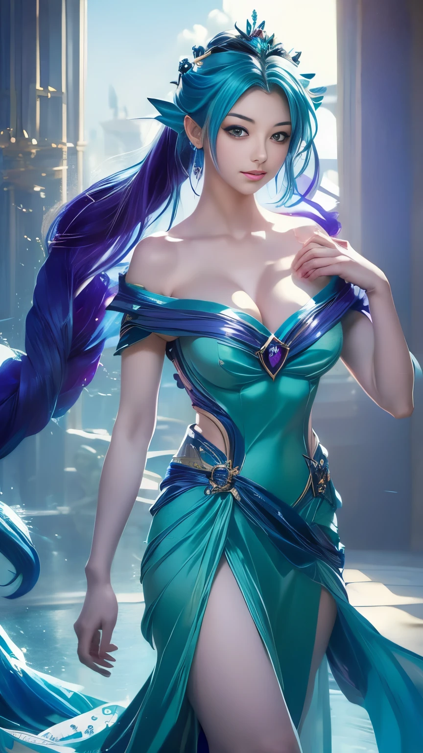 a drawing of a woman in a blue dress with a purple tail, concept art by Yoshihiko Wada, pixiv, fantasy art, cloud goddess, anime goddess, anime fantasy illustration, sky witch, anime fantasy artwork, beautiful genie girl, asian female water elemental, spirit fantasy concept art, a beautiful sorceress, blue djinn, knights of zodiac girl