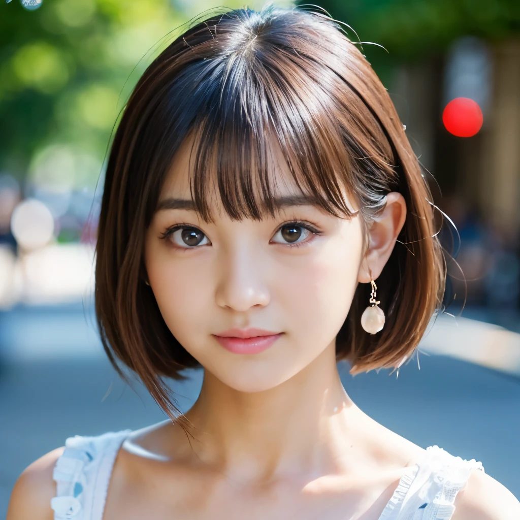((Best-quality, Masterpiece, Ultra-High-Resolution, (Photorealistic:1.4), Raw Photo, depth of field, professional lighting, perfect anatomy, extremely details, perfect face, perfect hair)), extremely close-up of face, 1girl, 12-years-old, the most famous Japanese idol, smoking at Hiroshima's main street, (wearing summer dress with cute-design), (extremely cute face like the most popular Japanese idol, ((extremely cute and extremely big eyes)), extremely cute hair, extremely beautiful skins, extremely cute long-eyelashes, extremely cute lips), looking at viewer, innocent smile