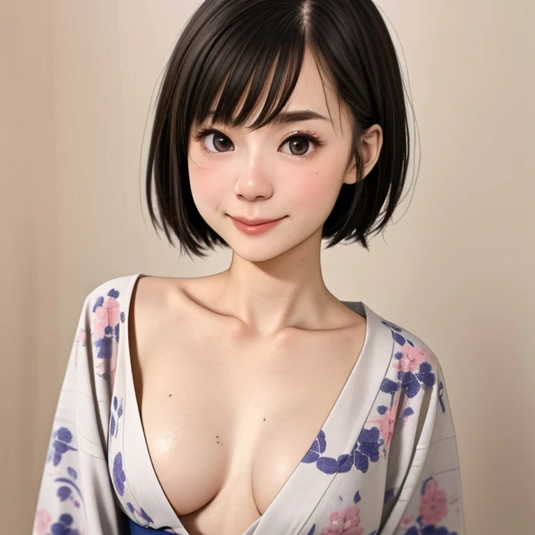 (kawaii 24 year-old Japanese girl, Nogizaka idol, Korean idol), glossy brown hair, (very short hair:1.2), beautiful black eyes, rounded face, narrow shoulders, single eyelid, (no makeup:1.2), big laughing, (yukata, Japanese traditional clothes), extra small breasts, BREAK, (simple white background:1.2), (view from forward, bust shot, id photo:1.2), BREAK, (masterpiece, best quality, photo realistic, official art:1.4), (UHD, 8K quality wallpaper, high resolution, raw photo, golden ratio:1.3), (shiny skin), professional lighting, physically based rendering, award winning, (highly detailed skin texture, extremely detailed face and eyes textures), Carl Zeiss 85 mm F/1.4, depth of field, (1girl, solo),