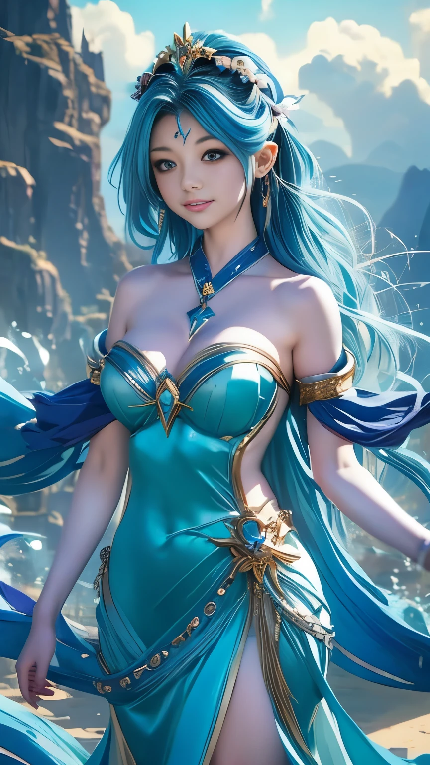 a drawing of a woman in a blue dress with a purple tail, cloud goddess, anime goddess, anime fantasy illustration, sky witch, beautiful genie girl, asian female water elemental, anime fantasy artwork, spirit fantasy concept art, a beautiful sorceress, blue djinn, knights of zodiac girl, fantasy art style, beautiful celestial mage, beautiful young wind spirit